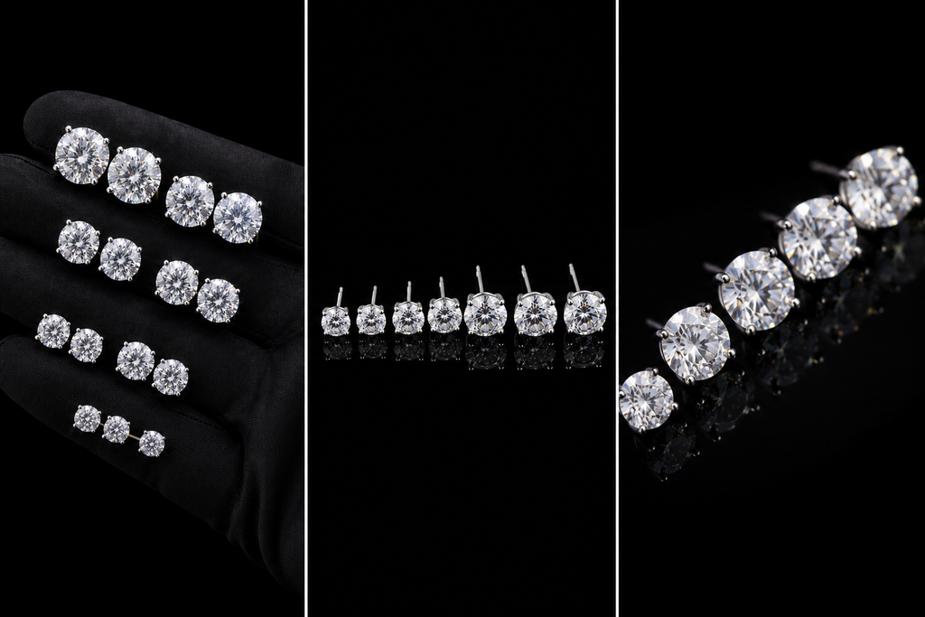 Iced stud earrings in silver, size range