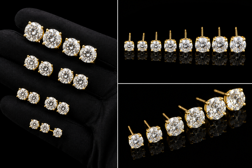 Iced stud earrings in gold, size range