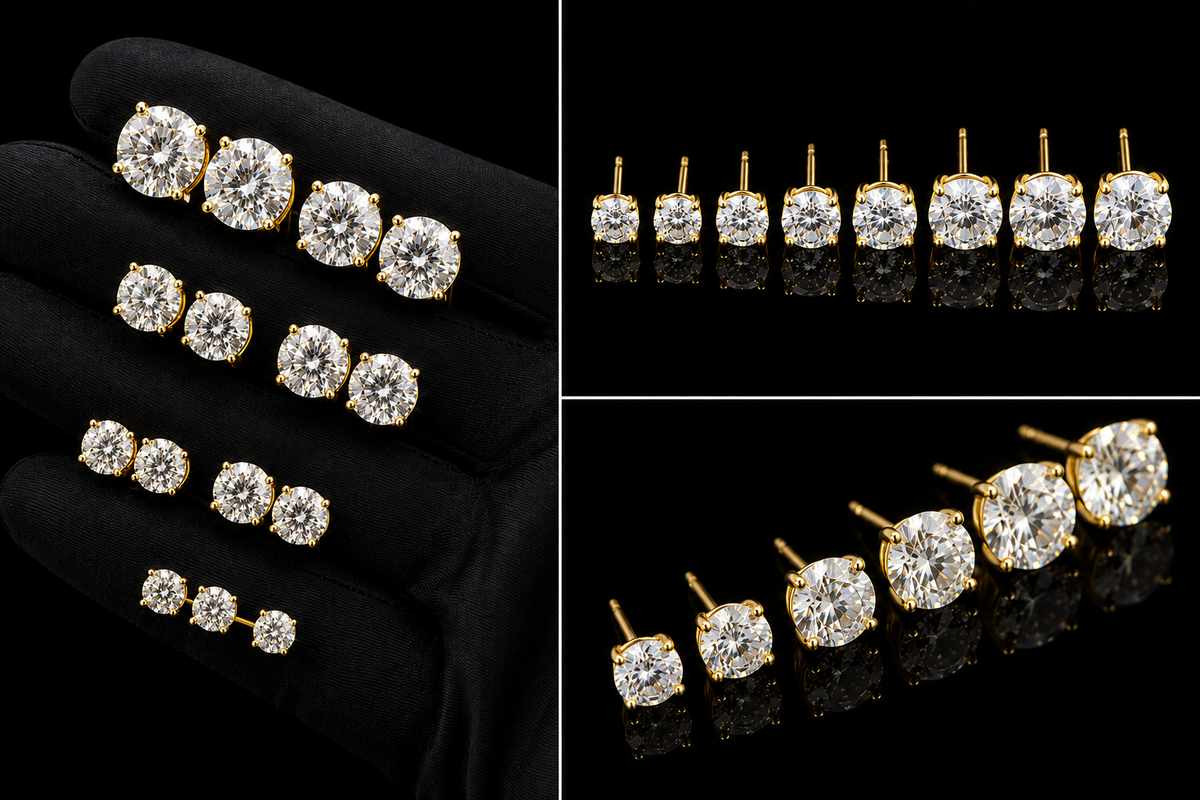 Iced stud earrings in gold, size range